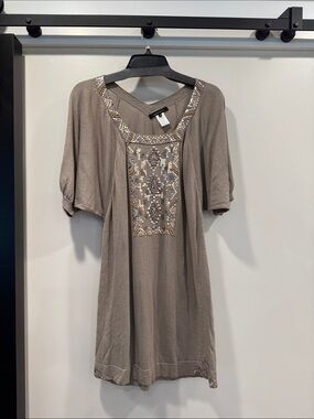 Nanette Lepore Taupe Beaded V-Neck Tunic